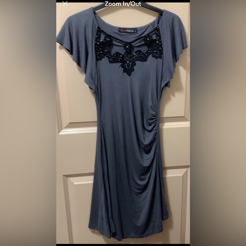 Women’s Gray Dress with Black Lace & Gold Stud Detail Viscose Blend